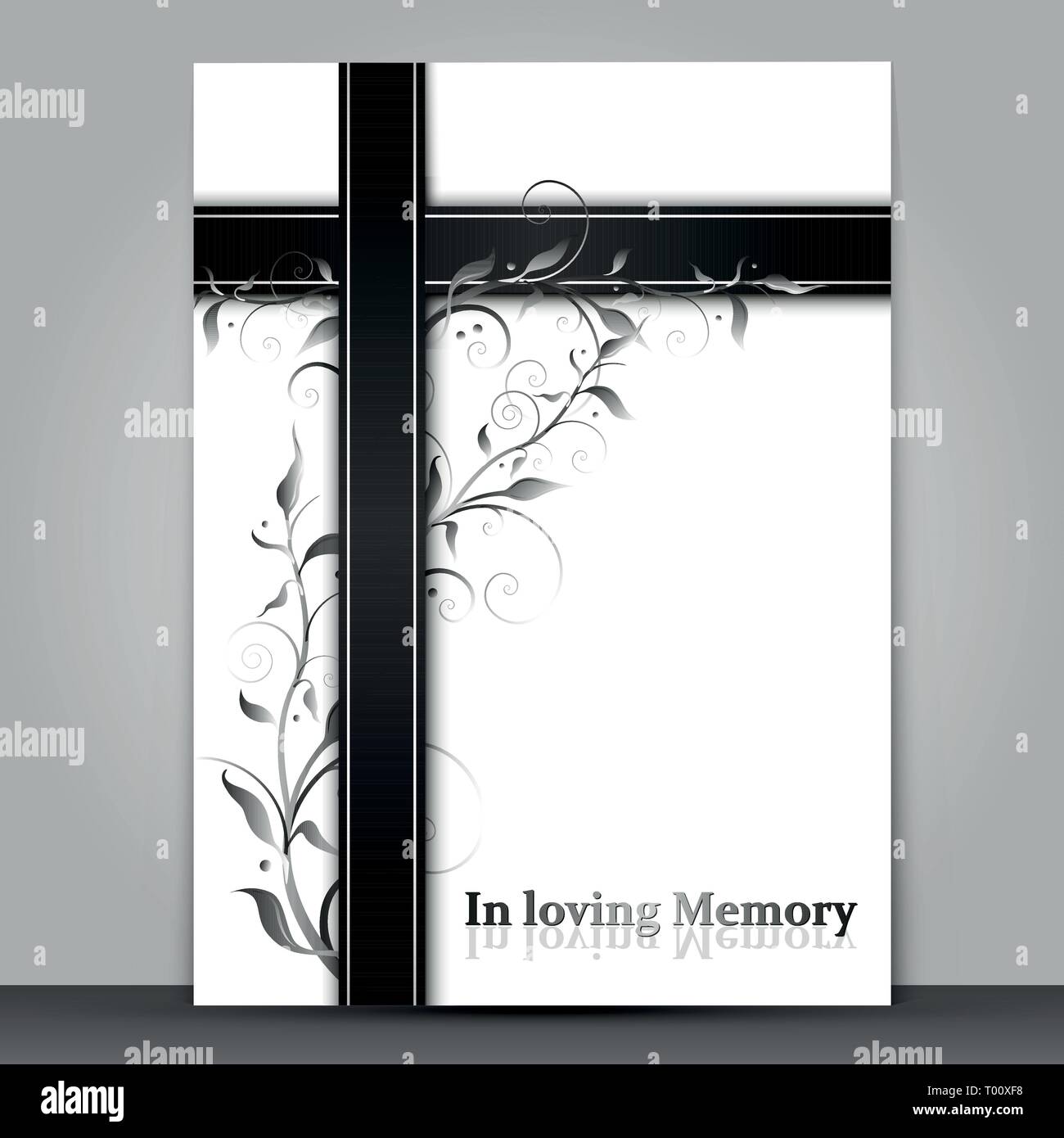 Dark mourning card with 3d floral ornament effect isolated on grey background Stock Vector