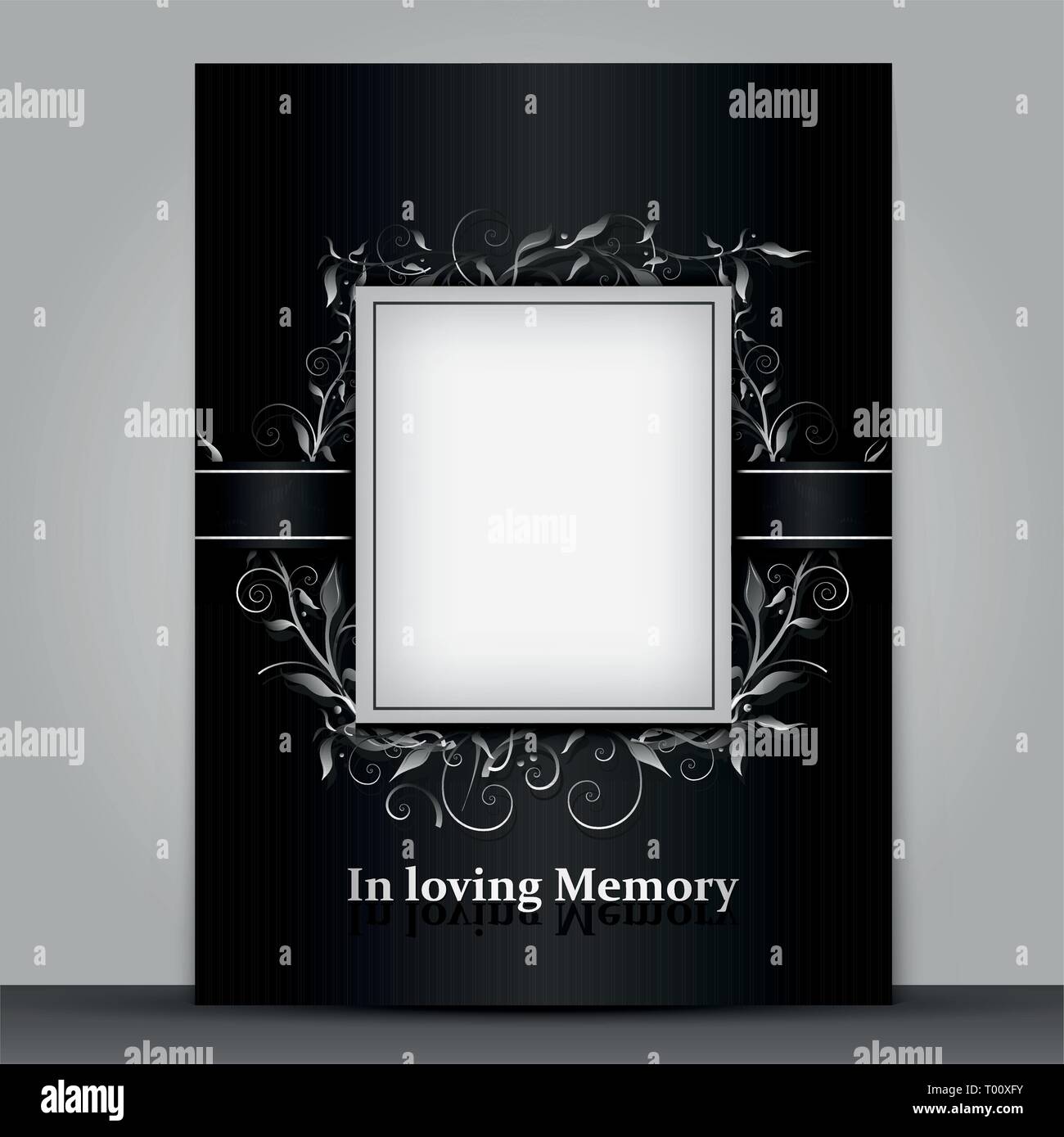Mourning card standard size with photo frame isolated on grey background Stock Vector