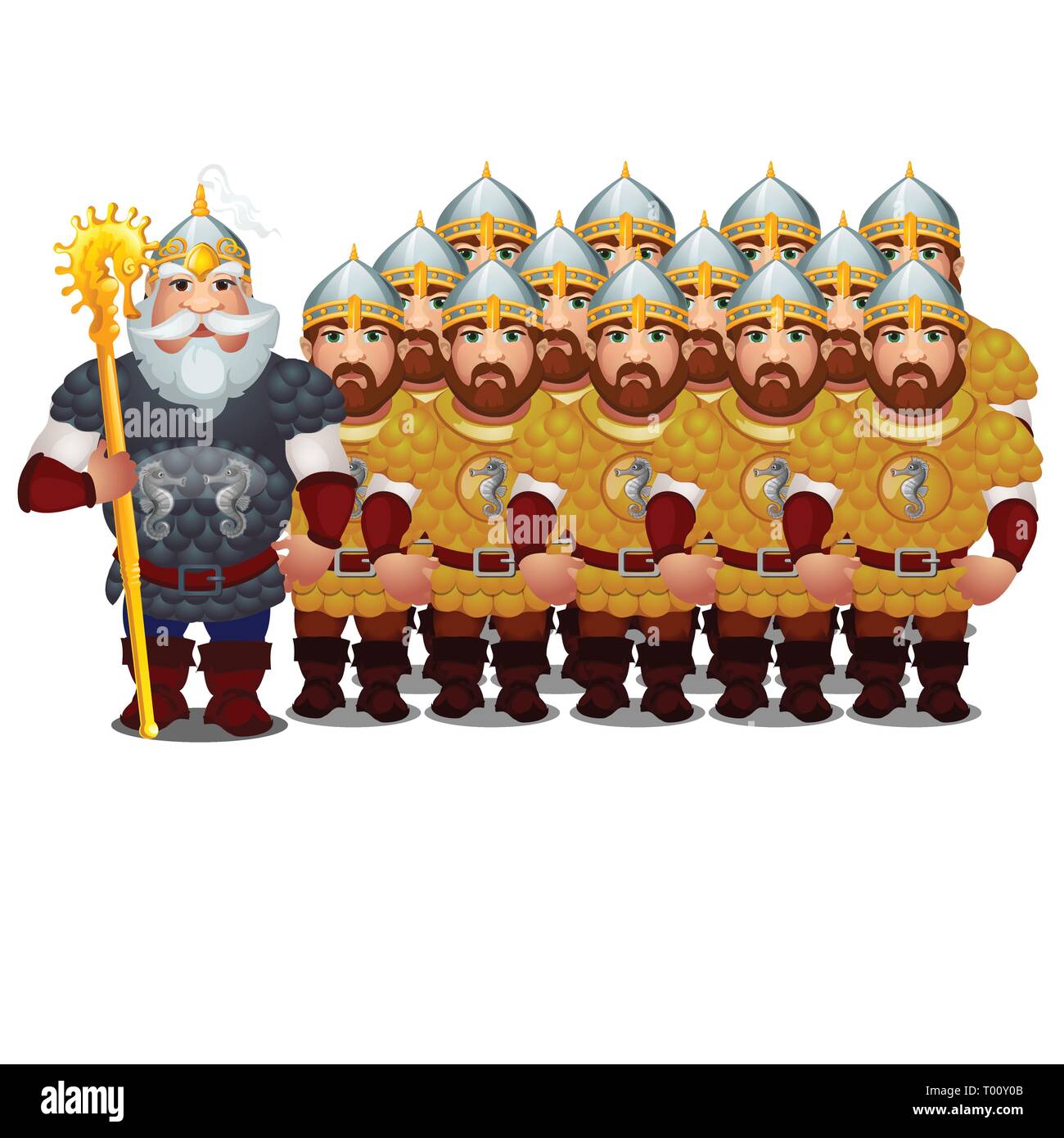 Commander with army of epic heroes of Russian folklore and folk tales isolated on white background. Vector cartoon close-up illustration. Stock Vector