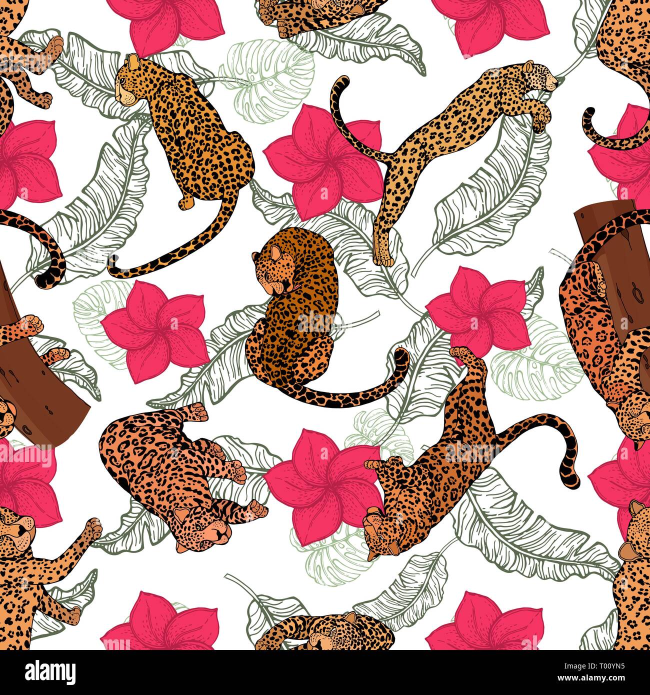 Seamless pattern of hand drawn sketch style leopards and tropical ...
