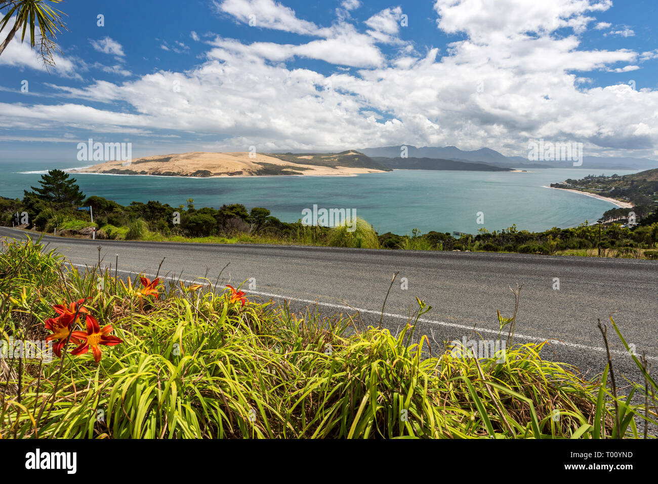 Overlooking big Rivermouth with huge sanddunes near Omapere, Northland, New Zealand Stock Photo
