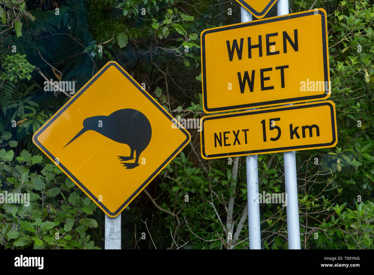 Kiwi road sign, 'when wet next 15 km' New Zealand Stock Photo