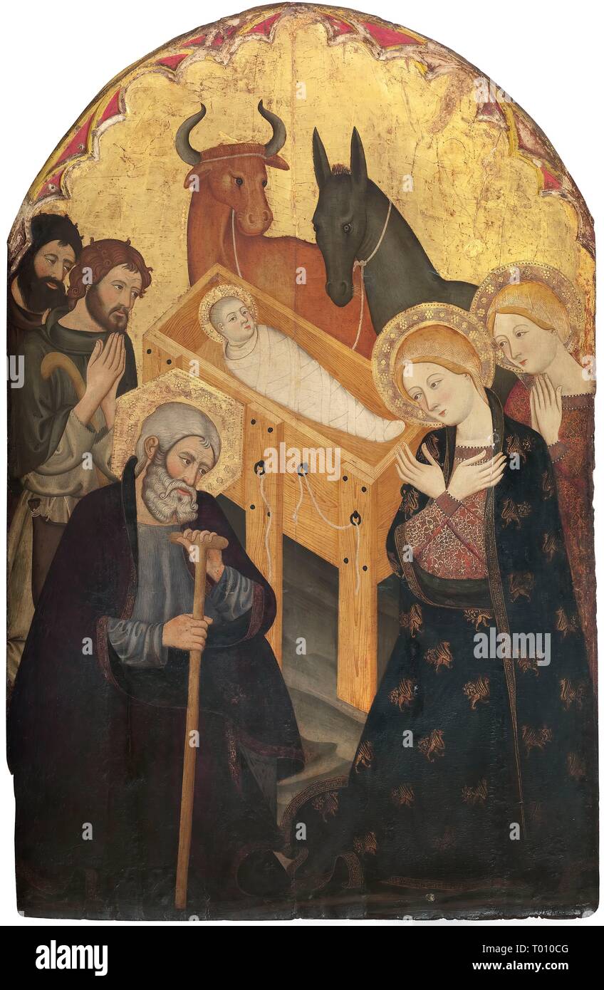Adoration of the Shephers. Panel on wood. Circa 1365-1375. Serra brothers worksshop. 184 x 118 x 8 cm. Museum: MNAC. Stock Photo