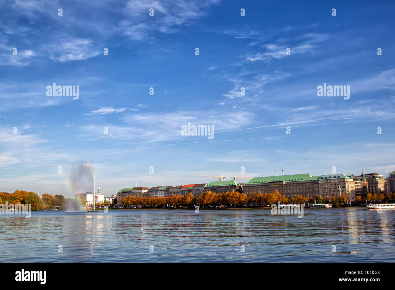 Inner Alster with the Alster Fountain in Hamburg, Germany. Stock Photo