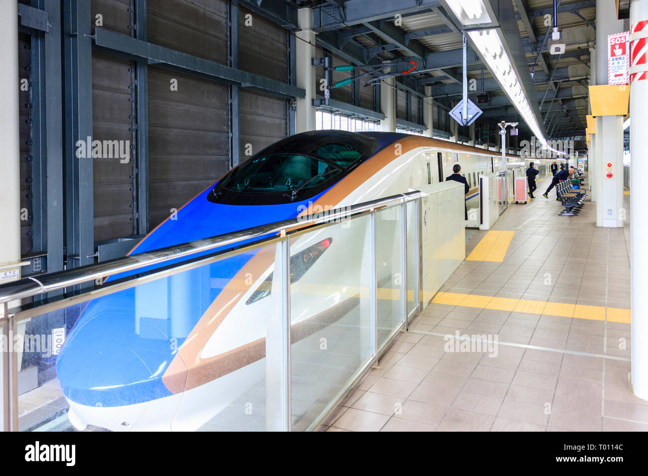 Hokurikui shinkansen bullet train, E7 Series, at the platform at Kanazawa station. View from front looking along length of train. Stock Photo