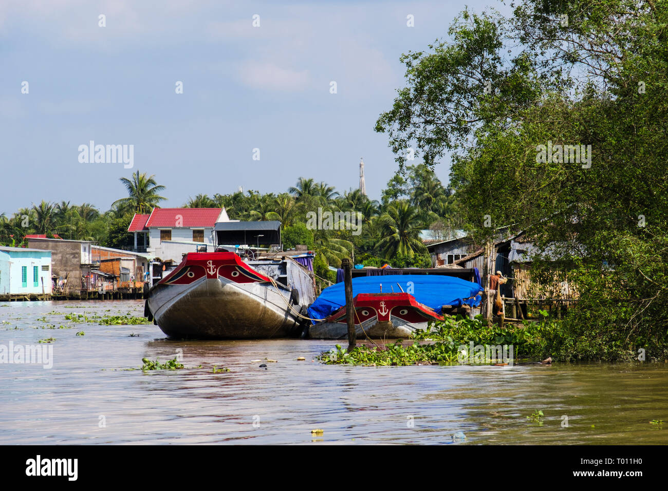 Traditional Vietnamese house boats moored by stilt houses on river in Mekong Delta. Cai Be, Tien Giang Province, Vietnam, Asia Stock Photo