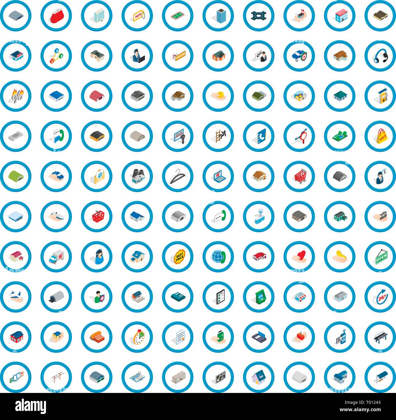 100 hangar icons set, isometric 3d style Stock Vector