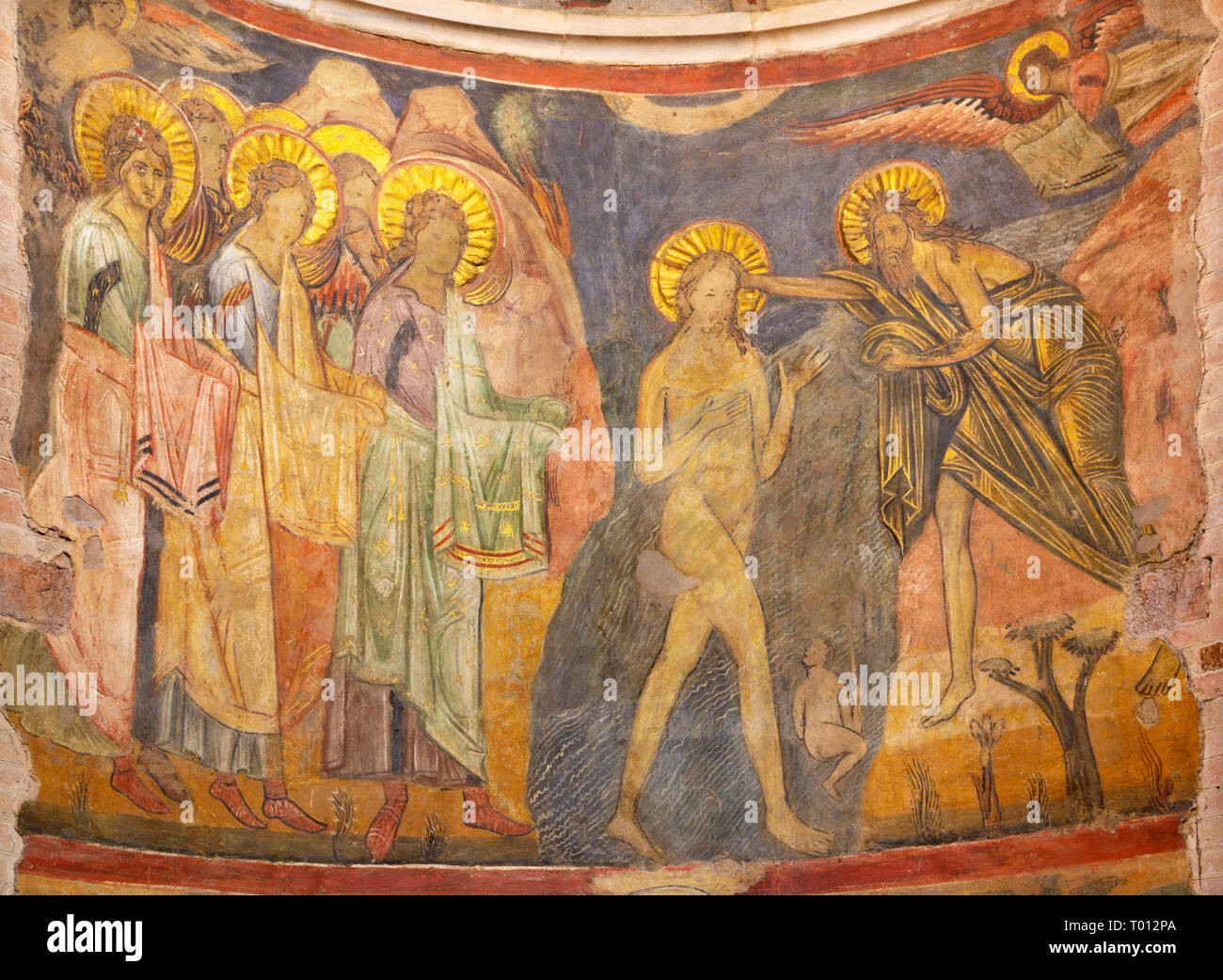 PARMA, ITALY - APRIL 16, 2018: The fresco Baptism of Jesus in byzantine iconic style in Baptistery from craftsmen from the Emilia region Stock Photo