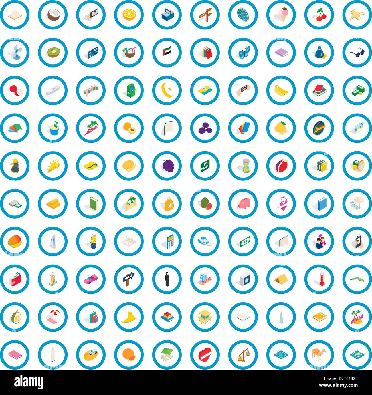 100 happy icons set, isometric 3d style Stock Vector