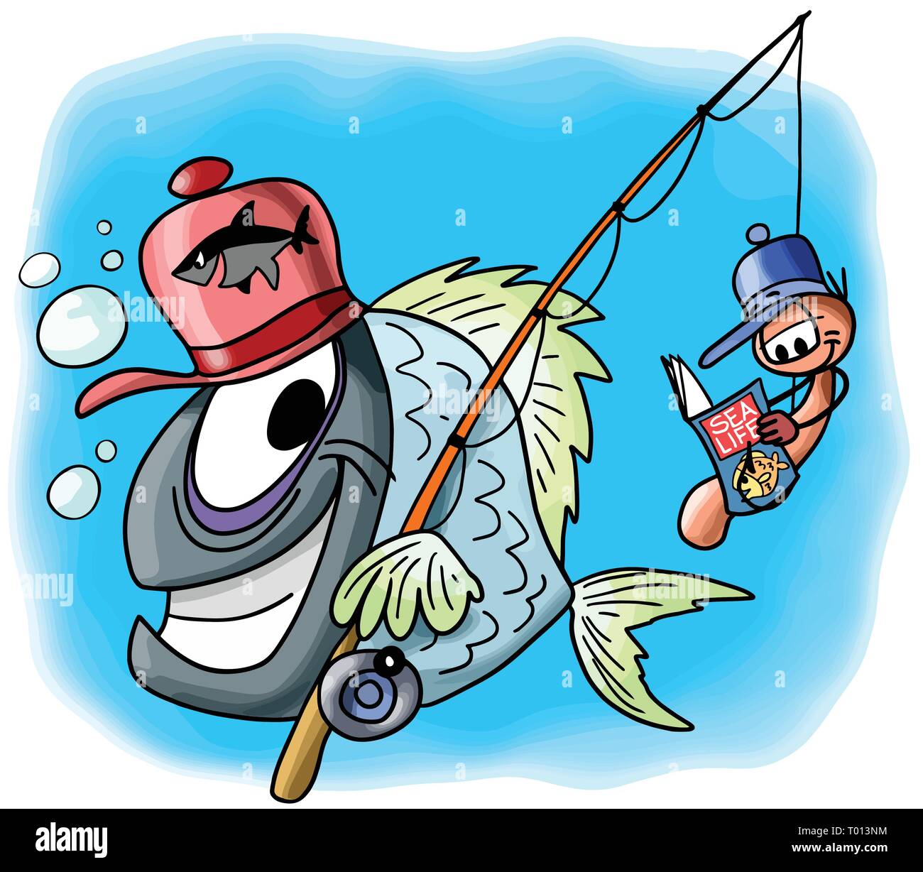 Cartoon fish character goes fishing together with his worm friend sitting on the hook and reading a magazine vector illustration Stock Vector