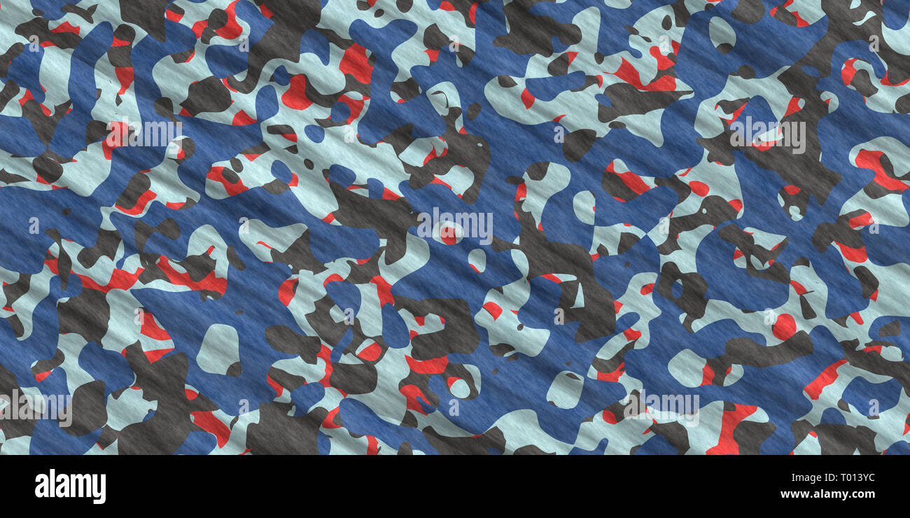 Gray Blue Red Army Camouflage Background. Military Uniform Clothing Texture. Seamless Combat Uniform. Stock Photo