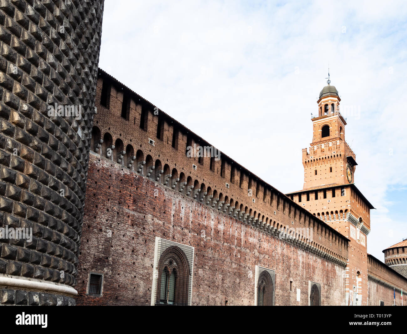 Travel to Italy - view of defence wall of Castello Sforzesco (Sforza Castle) with tower Torre del Filarete from Torrione di Santo Spirito tower in Mil Stock Photo