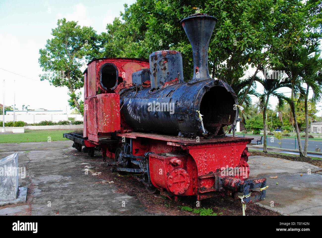 Historic train at the Sugar King Park in Garapan, Saipan, a restored train engine during the Japan Administration era used for the sugar industry Stock Photo