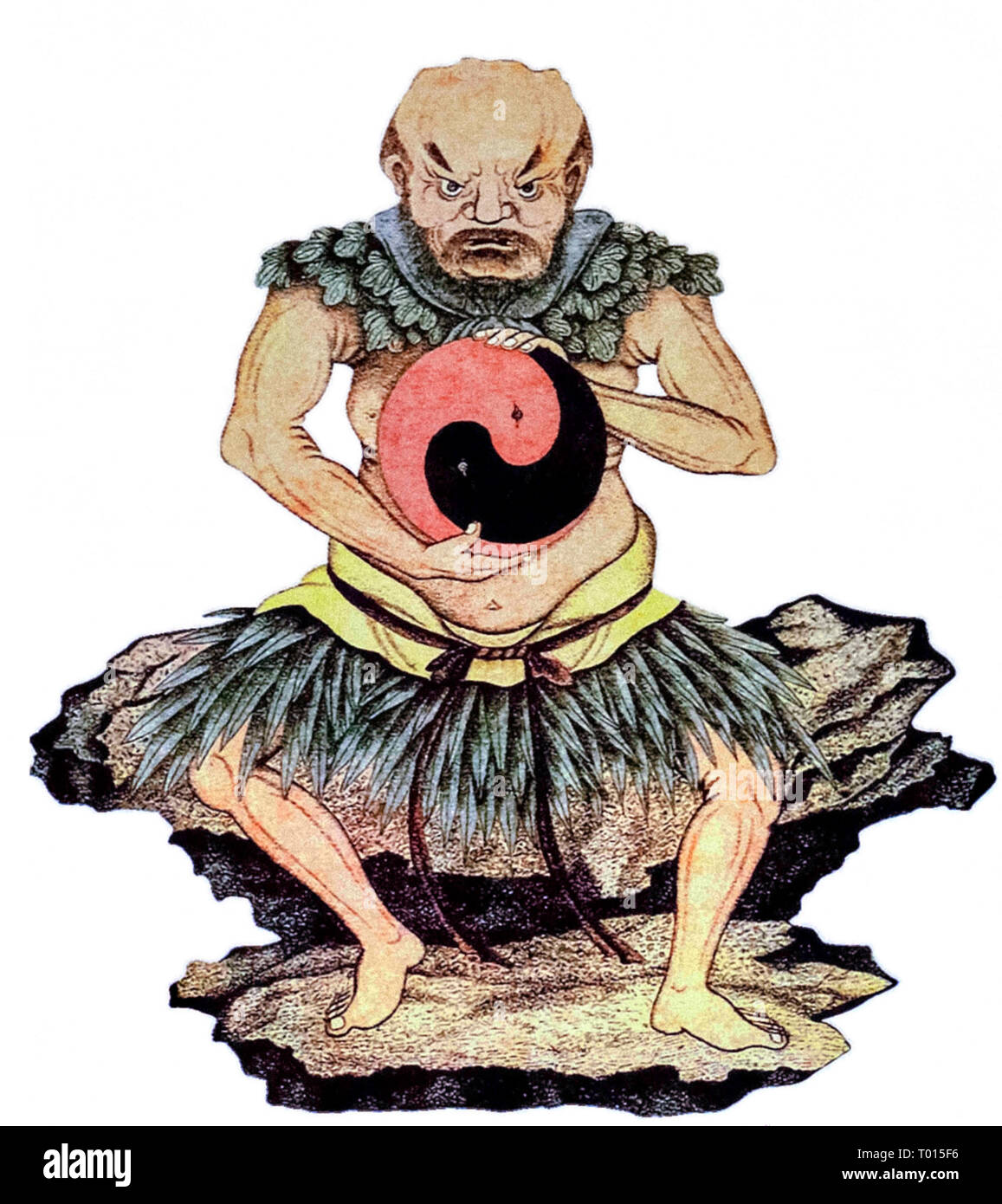 Pangu, the creator and first living being in Chinese mythology holding the cosmic egg, the Yin and Yang from which he emerged. 18th century hand painted lithograph. Stock Photo
