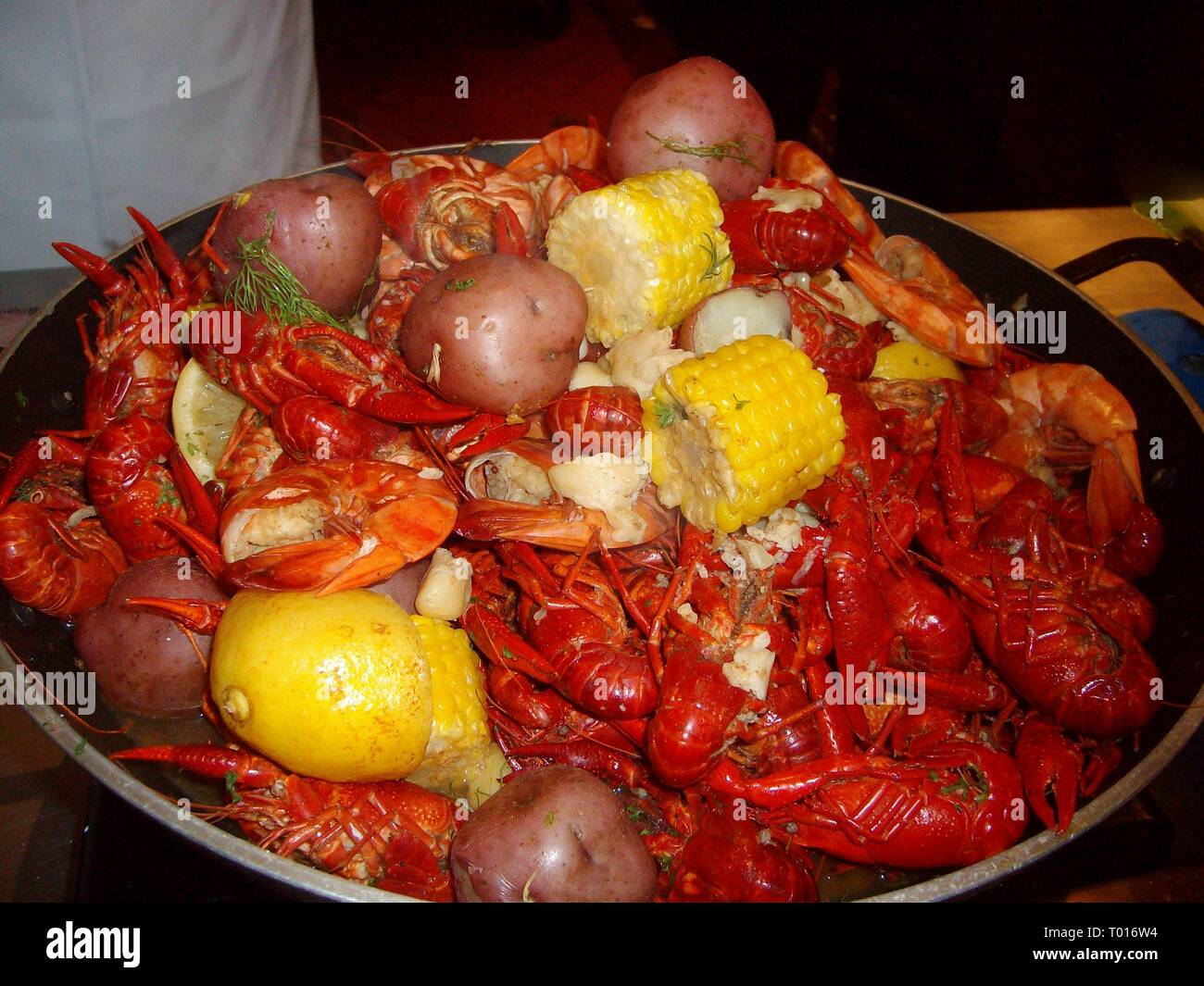 Crawfish and boiled shrimp, crawfish prawns corn cob and red potato