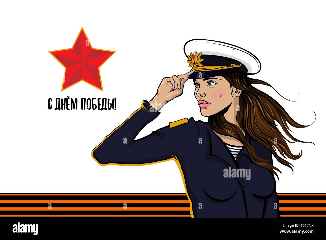 9 may Great war victory veterans memory card. Portrait young soldier brunette woman pop art in Navy blue camouflage uniform. Forage-cap soviet union r Stock Vector