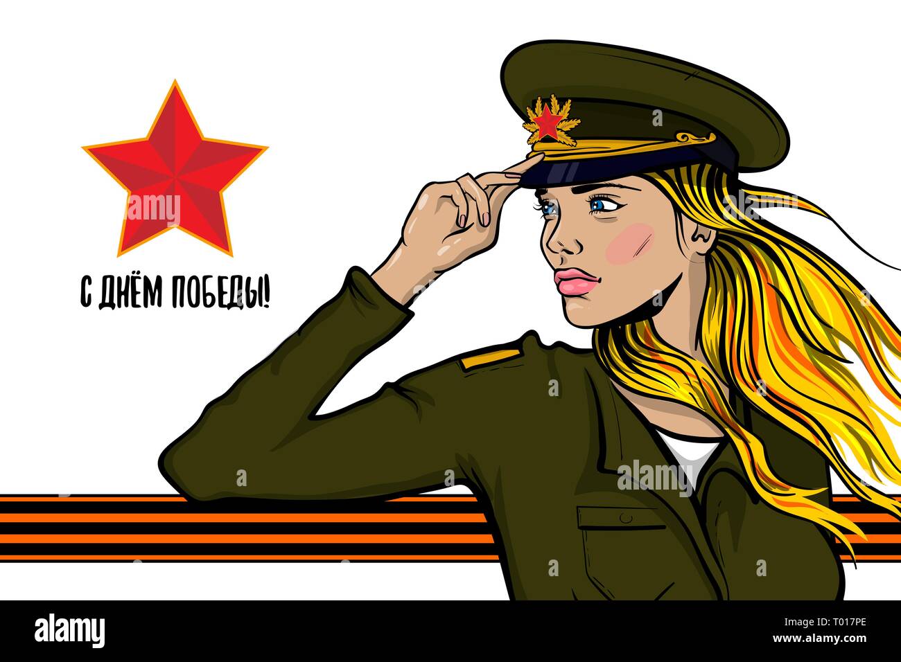 9 may Great war victory veterans memory card. Portrait young soldier blonde woman pop art in green infantry camouflage uniform. Forage-cap soviet unio Stock Vector