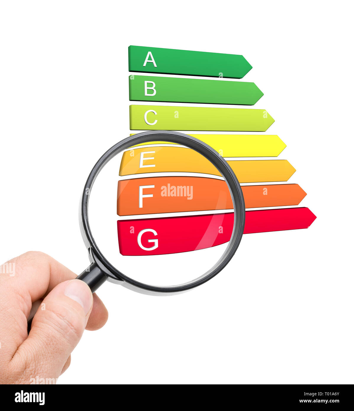 Hand with magnifiying glass looking at the E to G labels of the new 2019 A to G classes of the european energy efficiency classification isolated on w Stock Photo