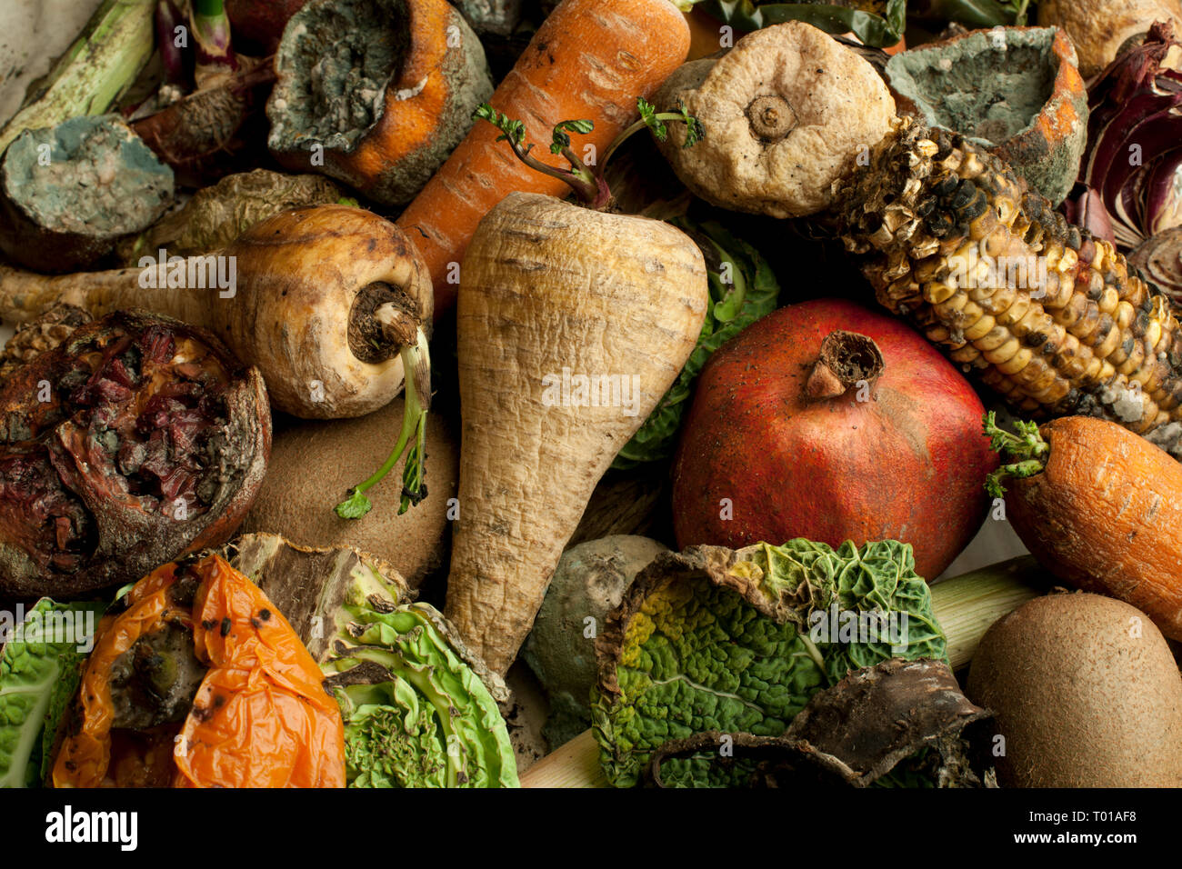 Rotting Fruit and Vegetables on a Table Top Stock Photo