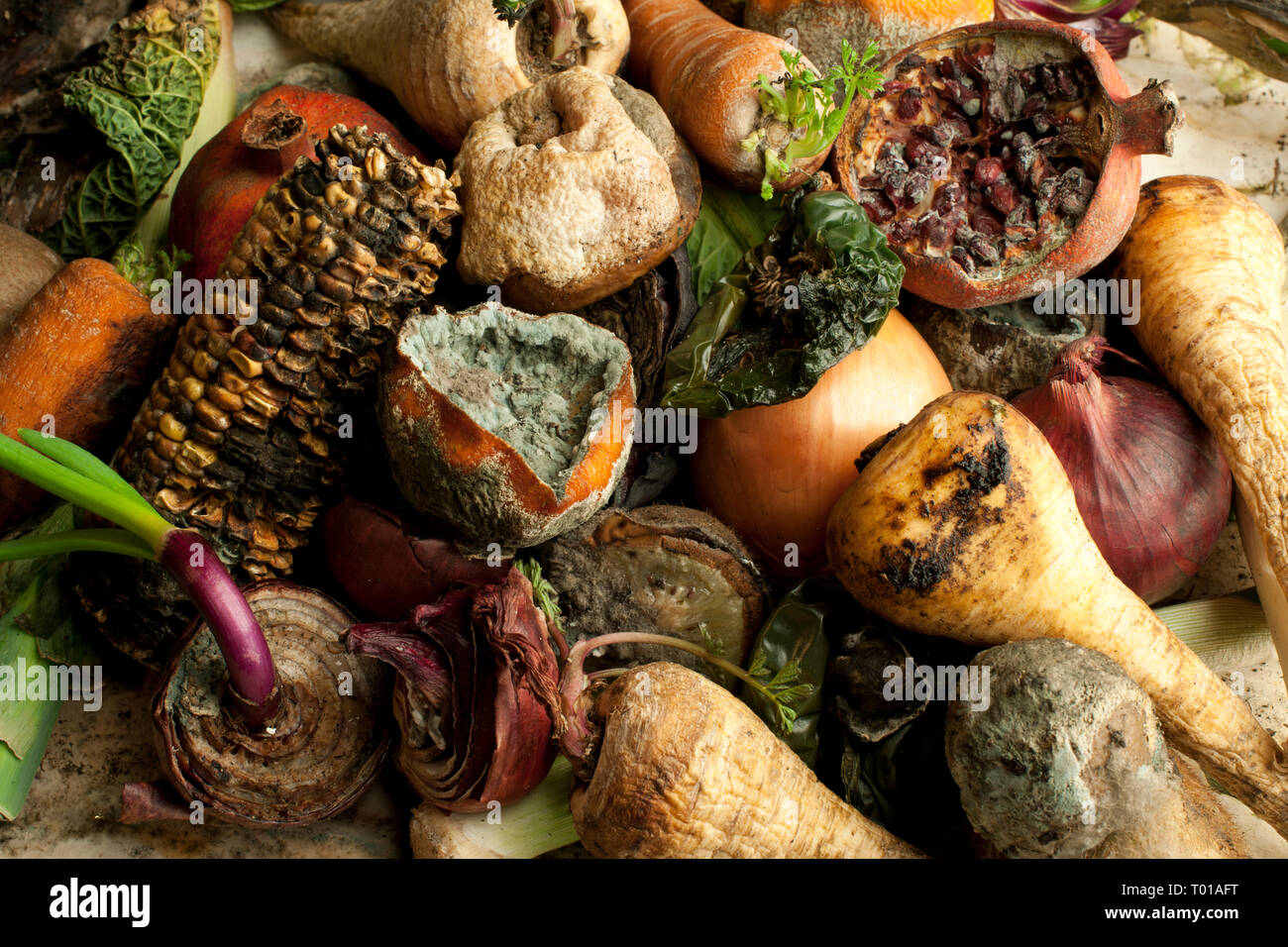 Rotting Fruit and Vegetables on a Table Top Stock Photo