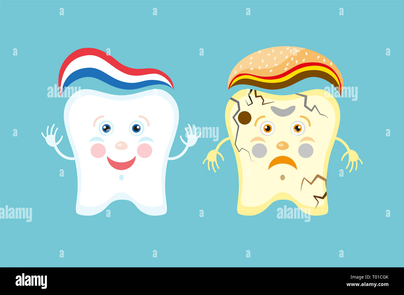 Unhealthy vs healthy teeth cartoon comparison, illustration, Stock Photo
