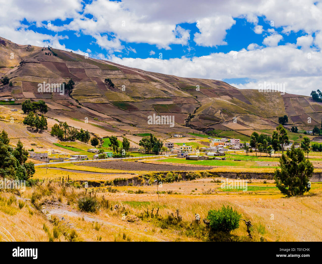 Ecuador, scenic andean landscape between Zumbahua canyon and Quilotoa lagoon with peasant village and cultivated fields Stock Photo