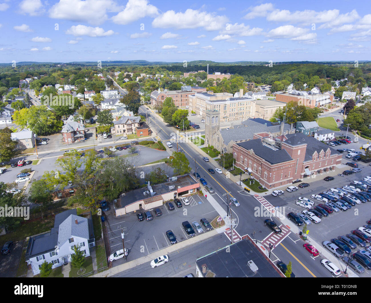 Aerial view of Framingham including Police Department, New Life Presbyterian Community Church, and Danforth Museum in Framingham, Massachusetts, USA Stock Photo