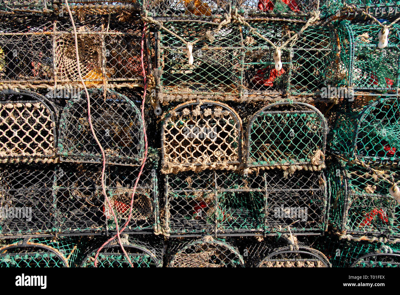 Fishermens's traps stacked, Brancaster Staithe, Norfolk,England Stock Photo
