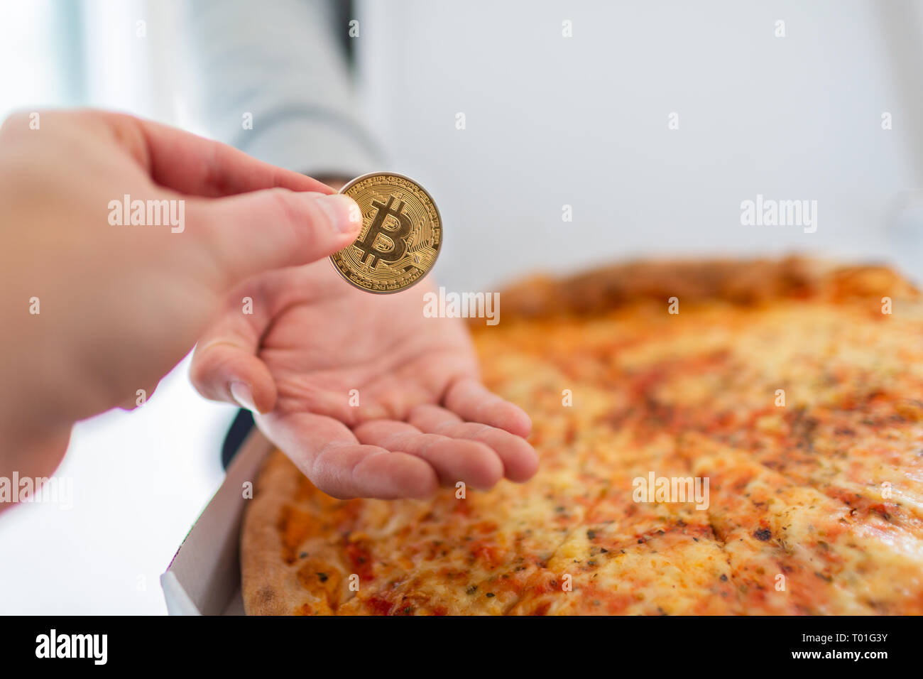 Bitcoin pizza day anniversary. The first reported exchange of cryptocurrency  for a consumer product on May 22, 2010 Stock Photo - Alamy