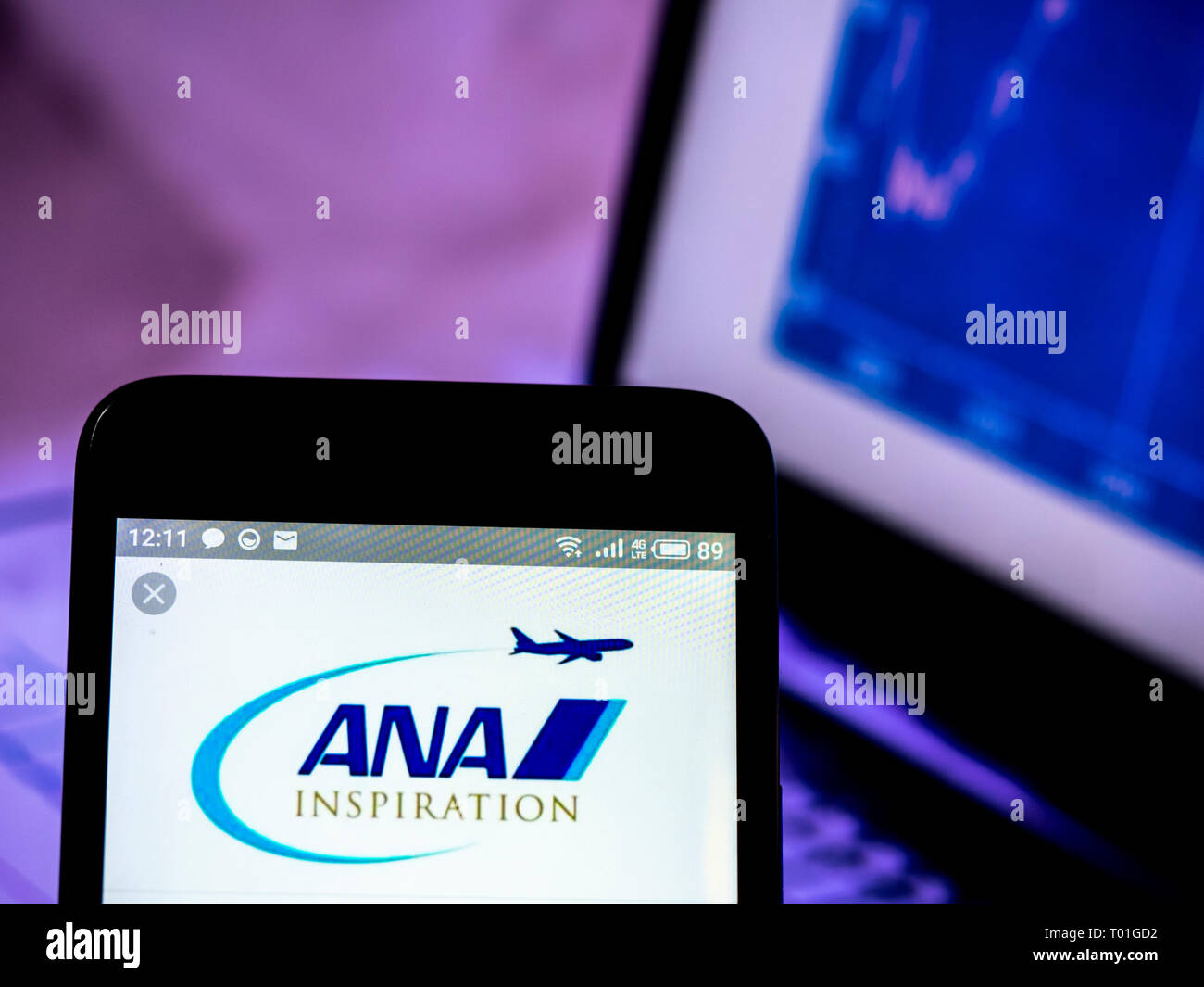 All Nippon Airways Co., Ltd. logo seen displayed on smart phone Stock