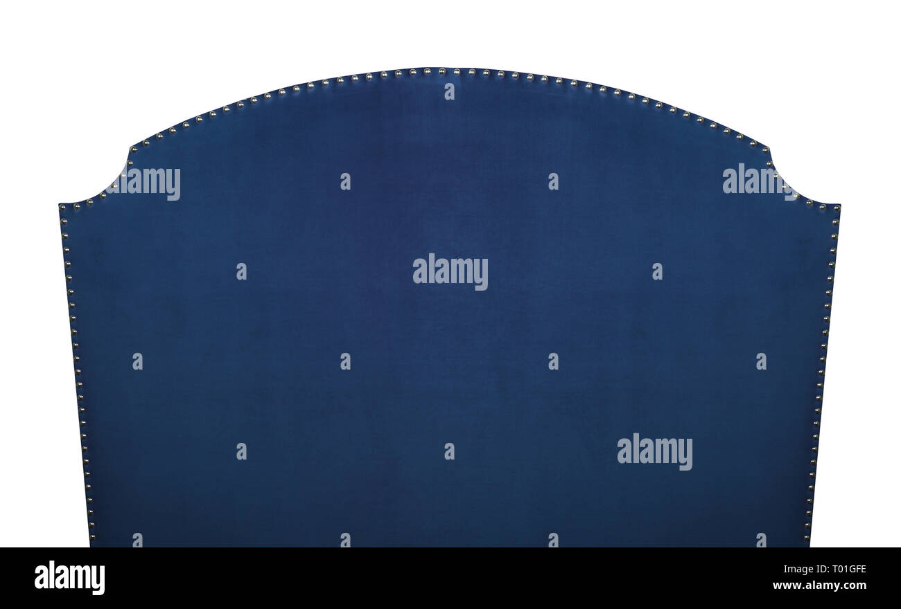 Dark indigo navy blue soft velvet fabric shaped bed headboard isolated on white background, front view Stock Photo