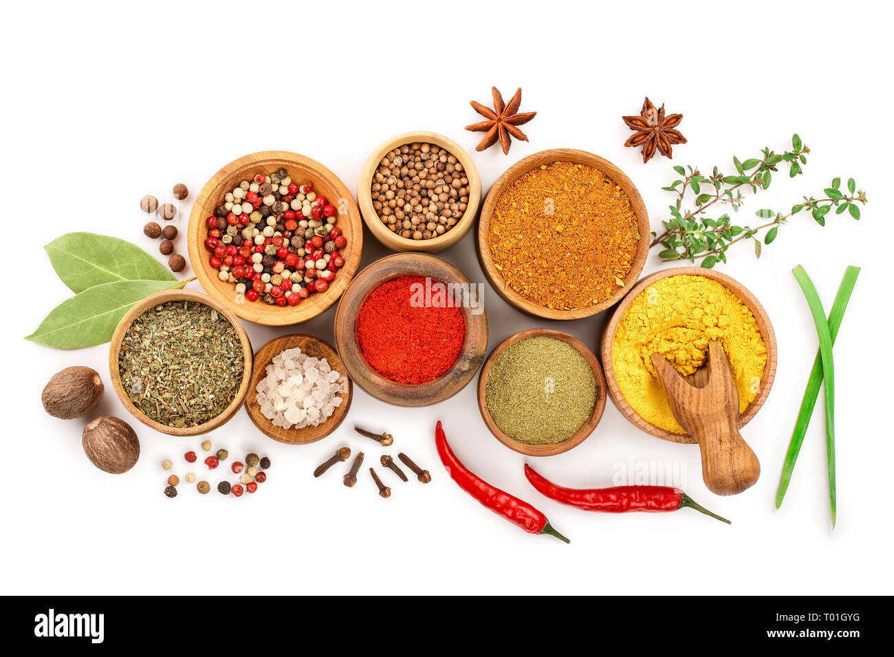 mix of spices in wooden bowl isolated on a white background. Top view. Flat  lay. Set or collection Stock Photo - Alamy