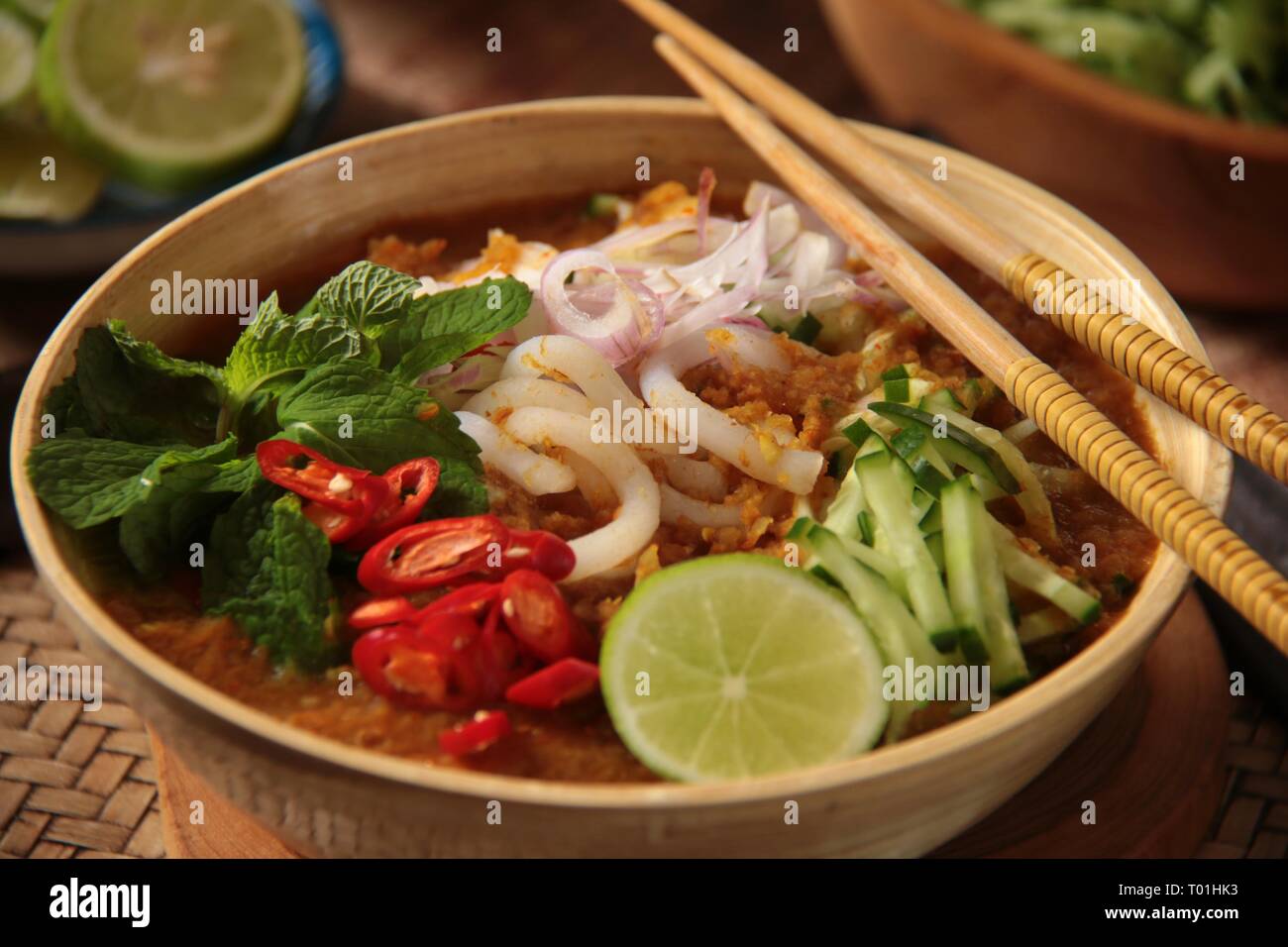 Asam Laksa. The Piquant Fish Noodle Soup from Penang, Malaysia. Also popular in Medan, Indonesia. Stock Photo