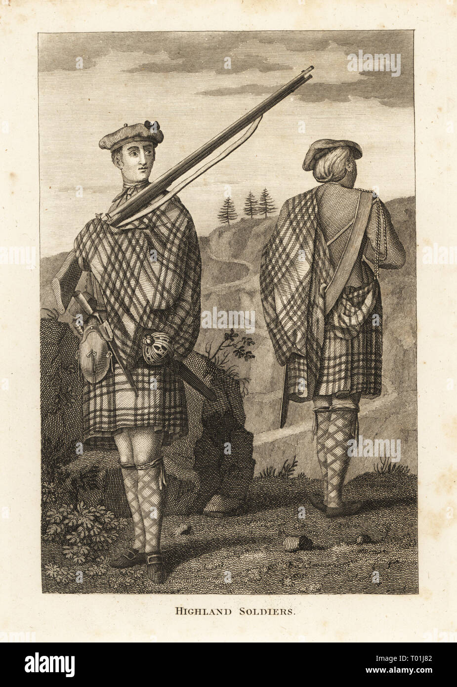 Highland Soldiers, 17th century, in bonnet, tartan kilt, hose, with  sporran, musket and claymore. Copperplate engraving from Francis Grose's  Military Antiquities respecting a History of the English Army, Stockdale,  London, 1812 Stock