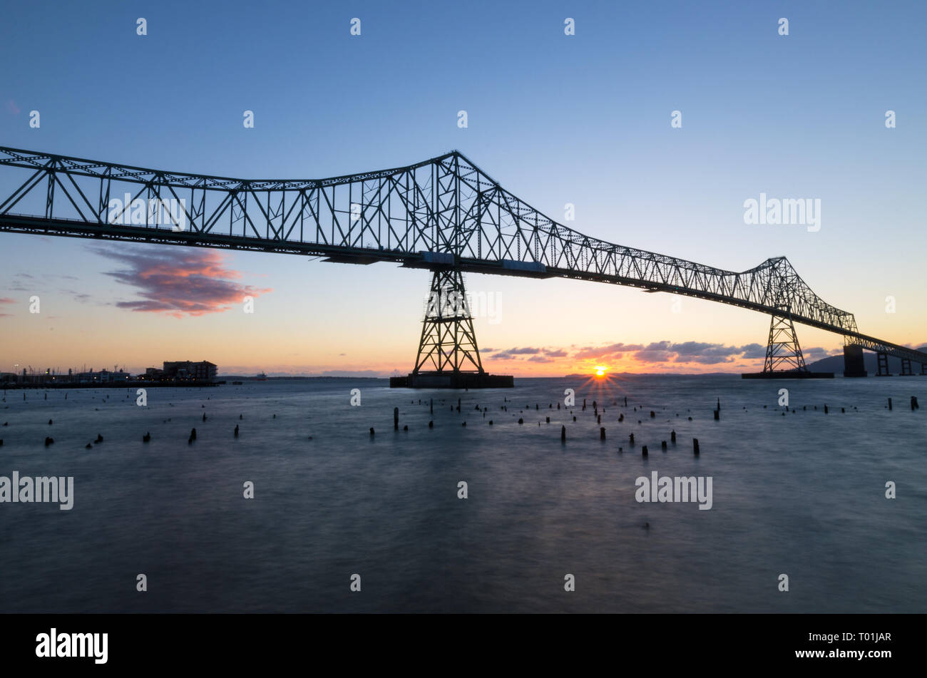 Sunset at bridge in Astoria, Oregon Stock Photo
