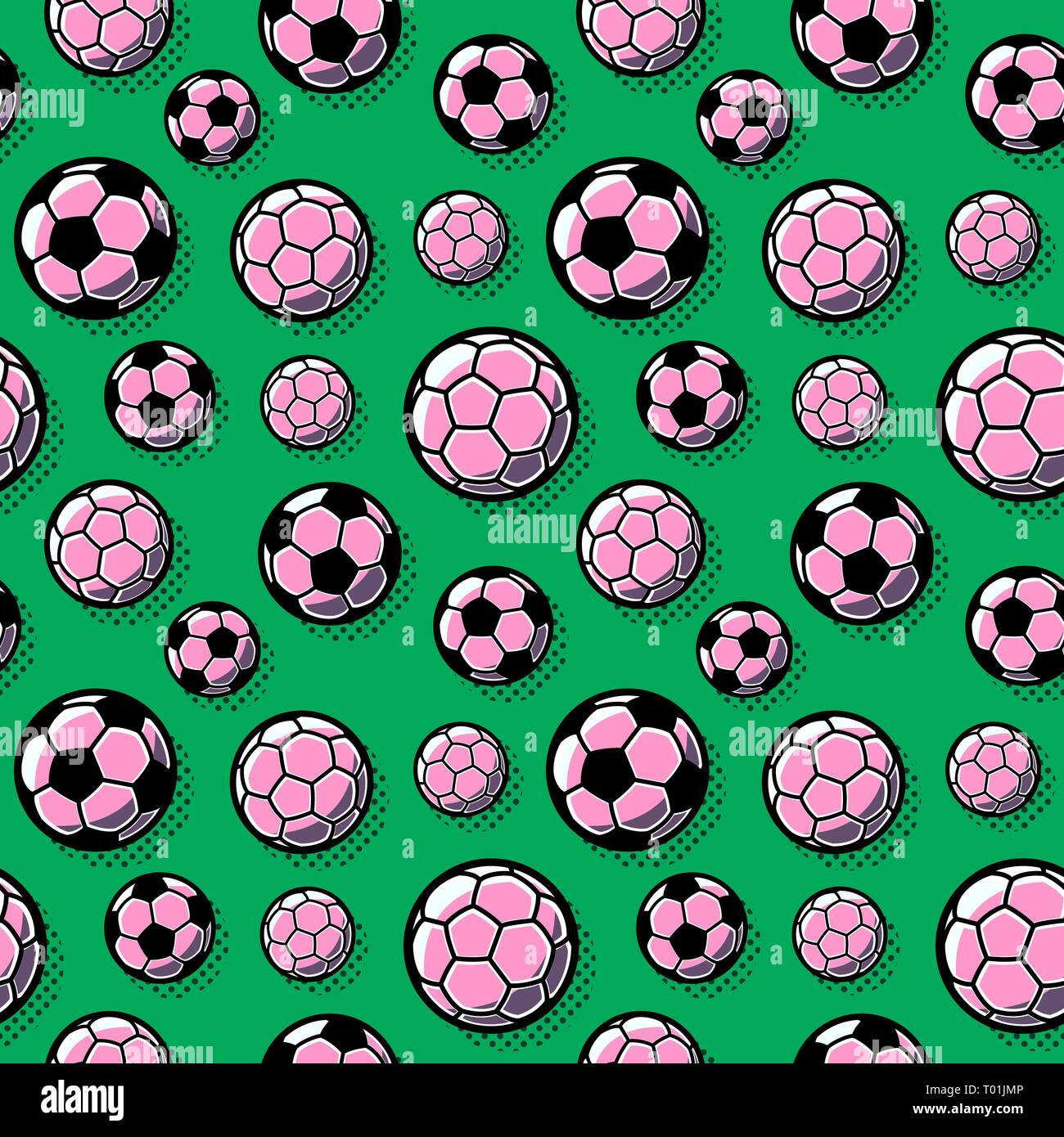 Seamless pattern. Vector soccer balls on a green background. Stock Vector