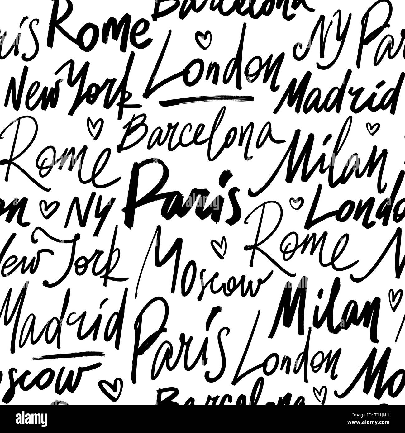 Seamless pattern with names of world cities Paris, Madrid, Barcelona, Rome,  Milan, London, Moscow and New York. Modern hand drawn brush calligraphy il  Stock Vector Image & Art - Alamy