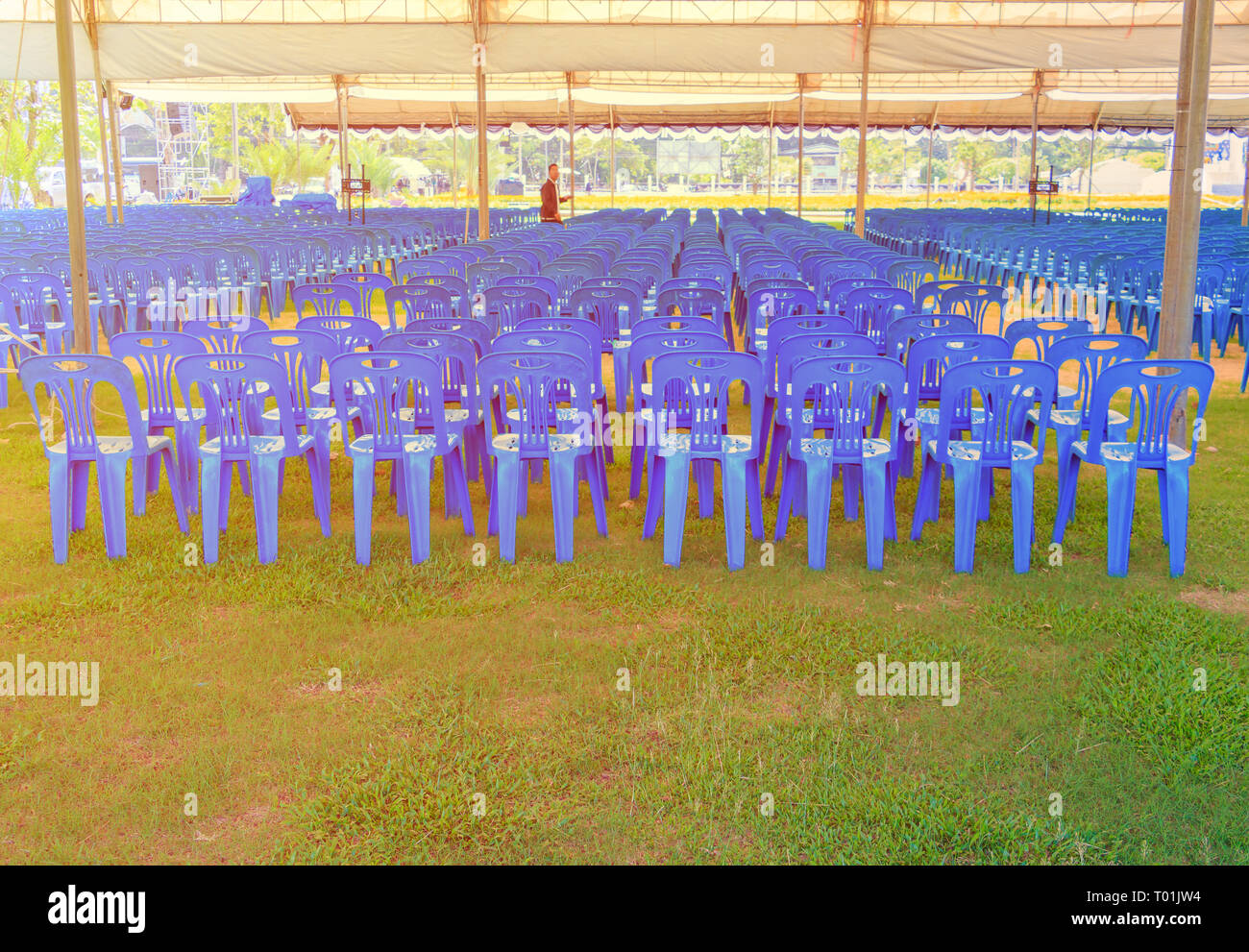Row of blue chairs plastic on lawn in tent Stock Photo