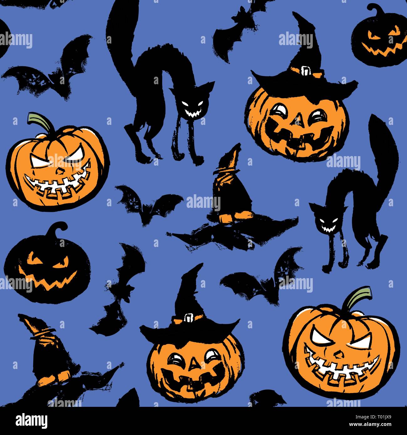 Vector pattern with cats and pumpkins on an blue background. Stock Vector