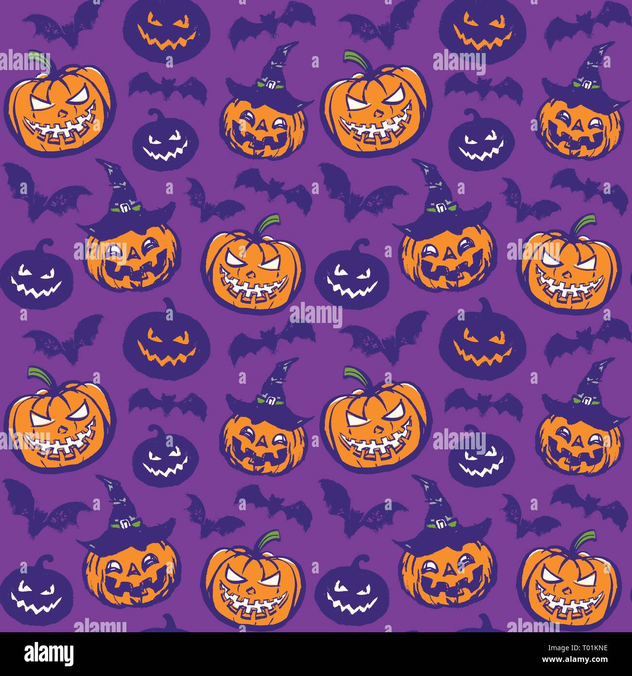 Vector pattern with pumpkins and bats in purple style Stock Vector