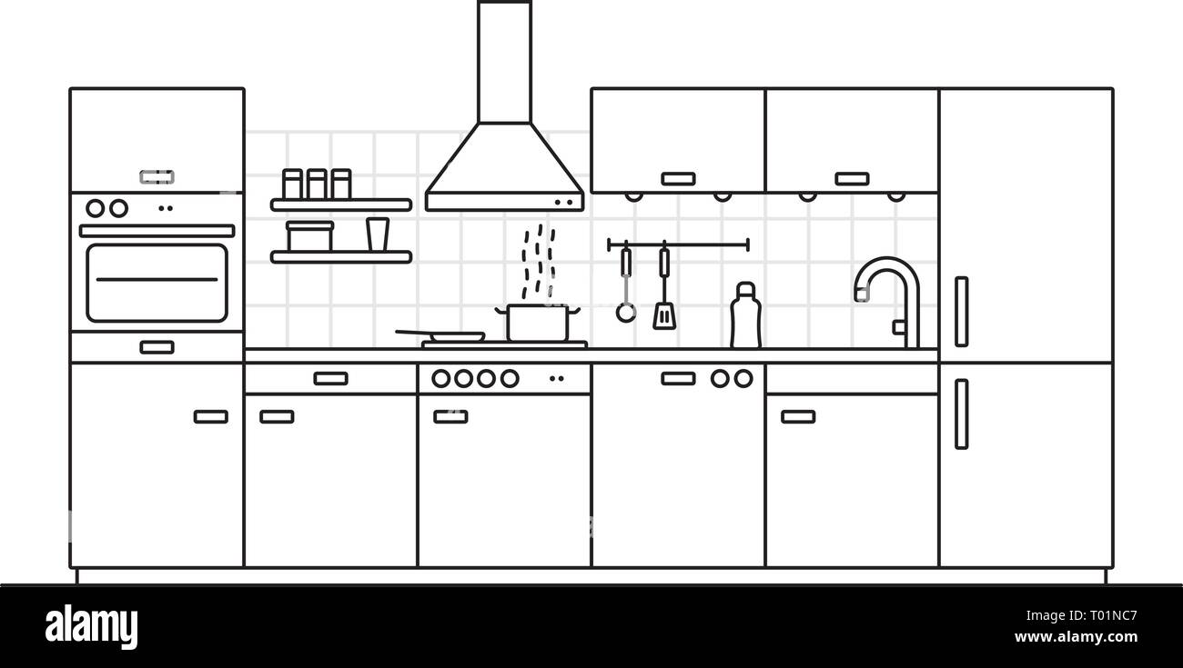 Modern kitchen interior line art vector illustration with tiled wall and cooking utensils Stock Vector