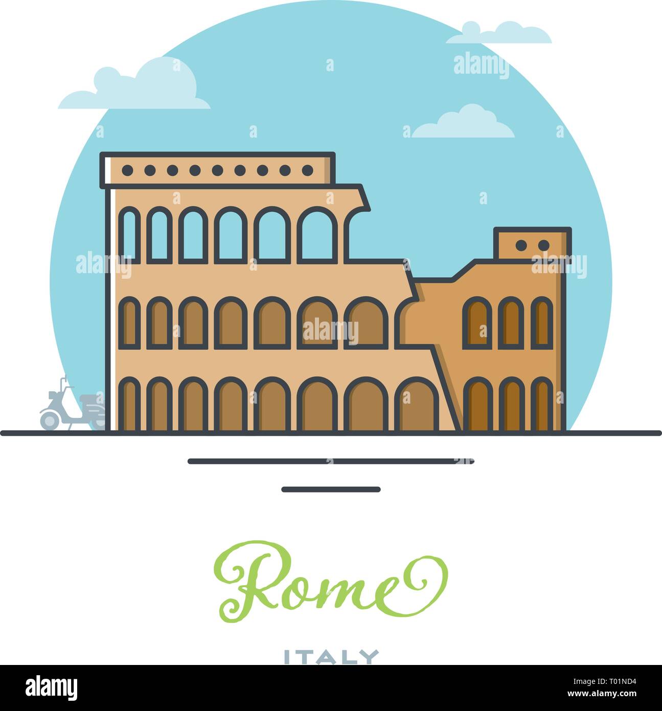 Coliseum amphitheater at Rome, Italy, flat vector illustration. Tourism and travel icon. Stock Vector