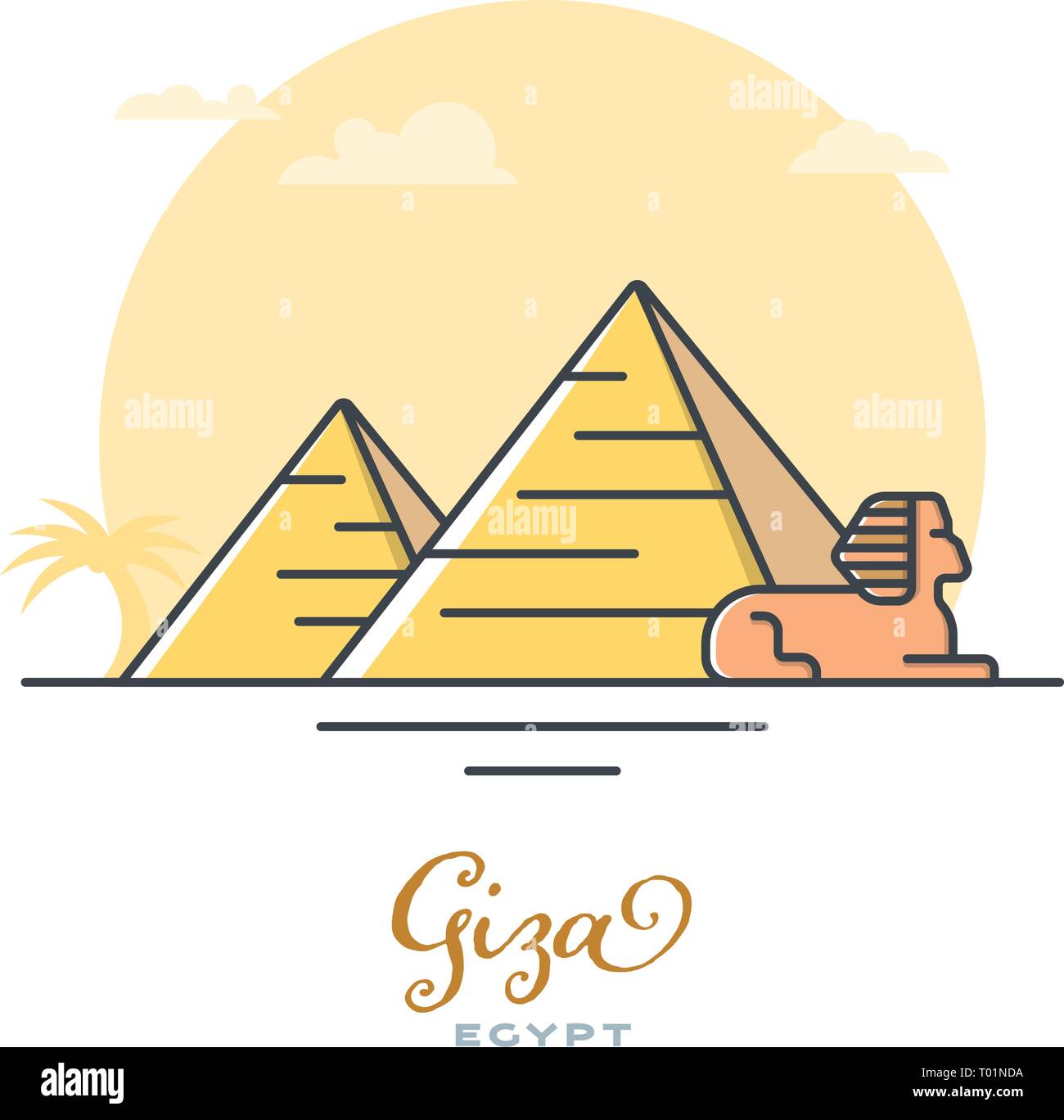 Pyramids and Sphinx at Giza, Egypt, flat vector illustration. Tourism and travel icon. Stock Vector