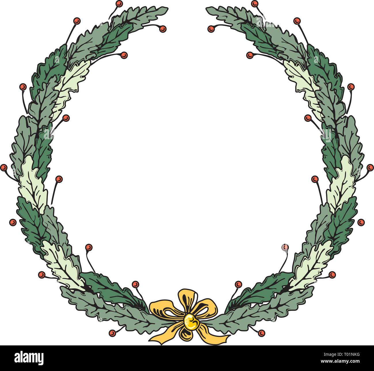 christmas frame wreath with ribbon and bow green leaves Stock Vector
