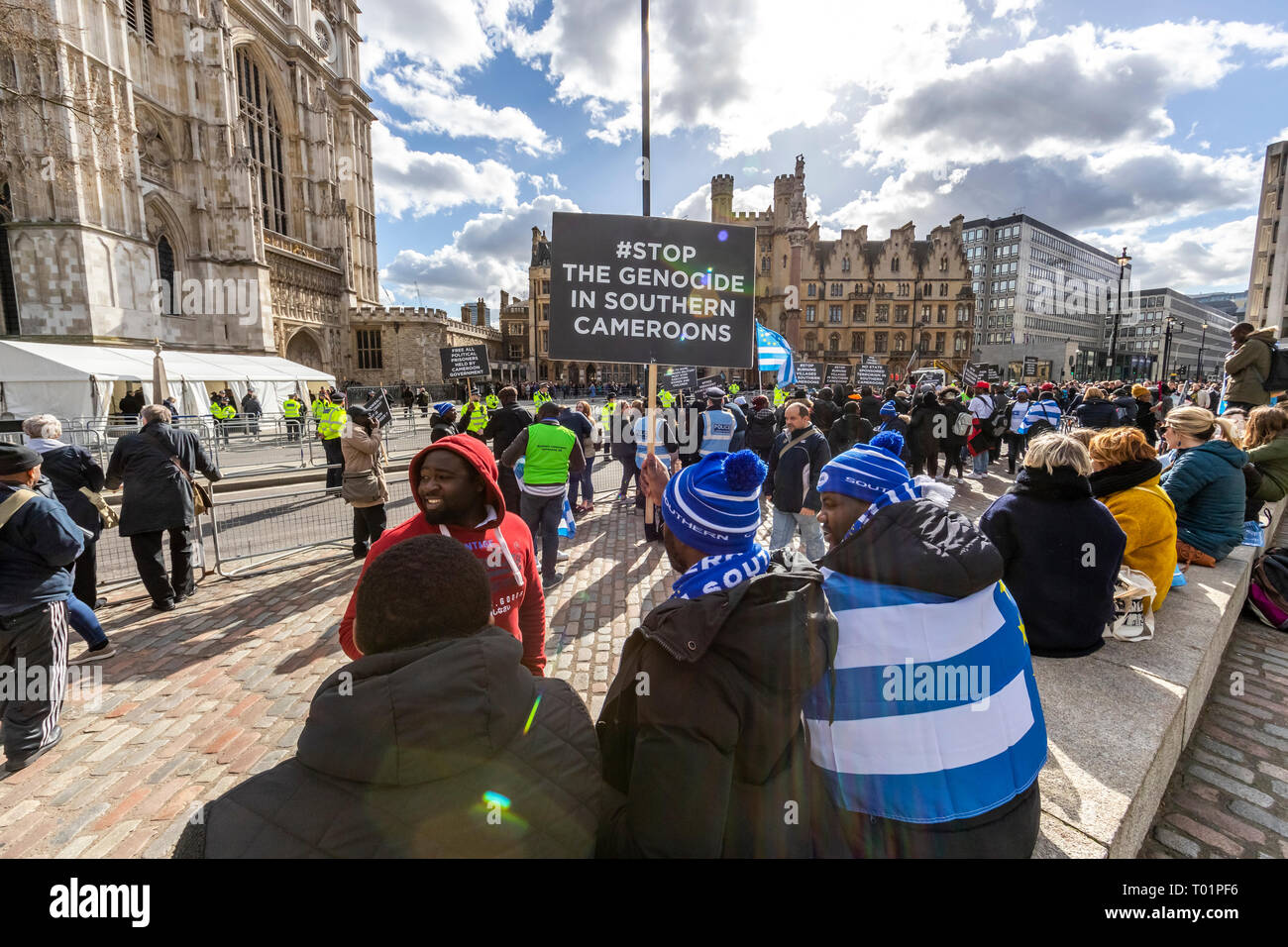 Anti government demonstration protesting about ill treatment of citizens by the Cameroon government. Protest held on Commonwealth Day in Parliament Sq. Stock Photo