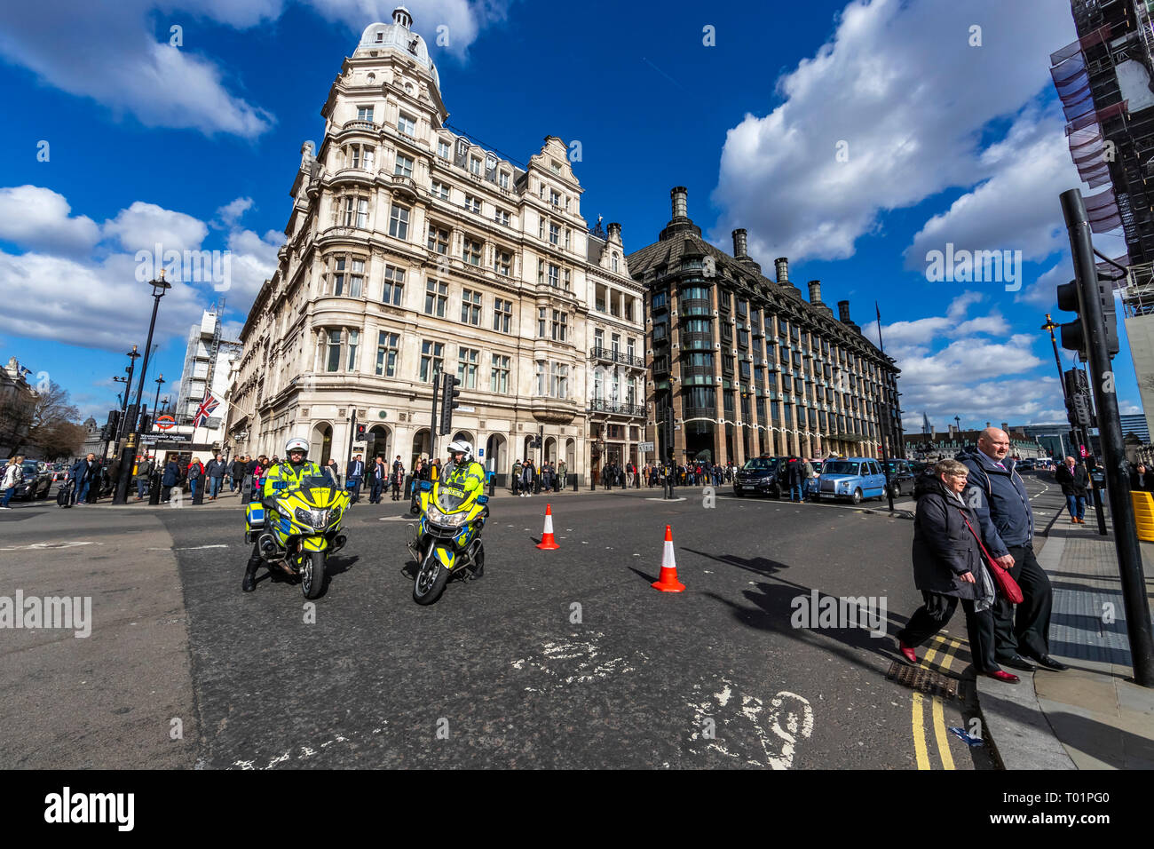 London Black cab taxi drivers strike. Black cabs blockade Parliament Square in support of their