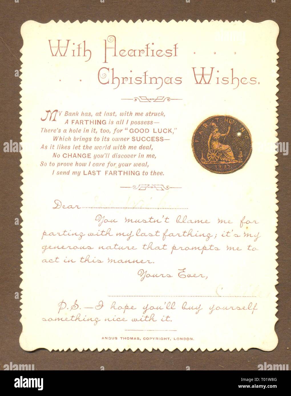Humourous punning Christmas greeting card published by Angus Thomas circa 1895 Stock Photo