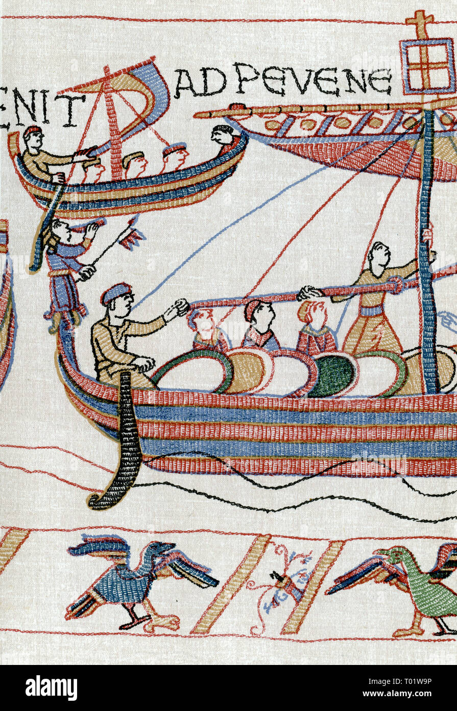 William the Conqueror’s flagship, 'Mora', on its way to England, 11th century. A detail of the Bayeux Tapestry. The Bayeux Tapestry (Tapisserie de Bayeux) depicts the events leading up to the Norman conquest of England concerning William, Duke of Normandy, and Harold, Earl of Wessex, later King of England, and culminating in the Battle of Hastings. Stock Photo