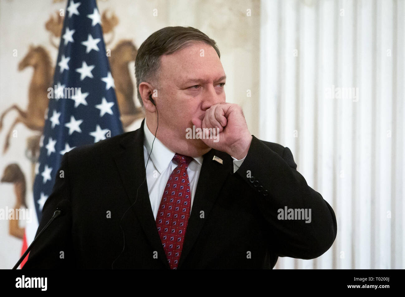 US Secretary of State Mike Pompeo during a joint press conference at the Lazienki Park in Warsaw, Poland on 12 February 2019 Stock Photo