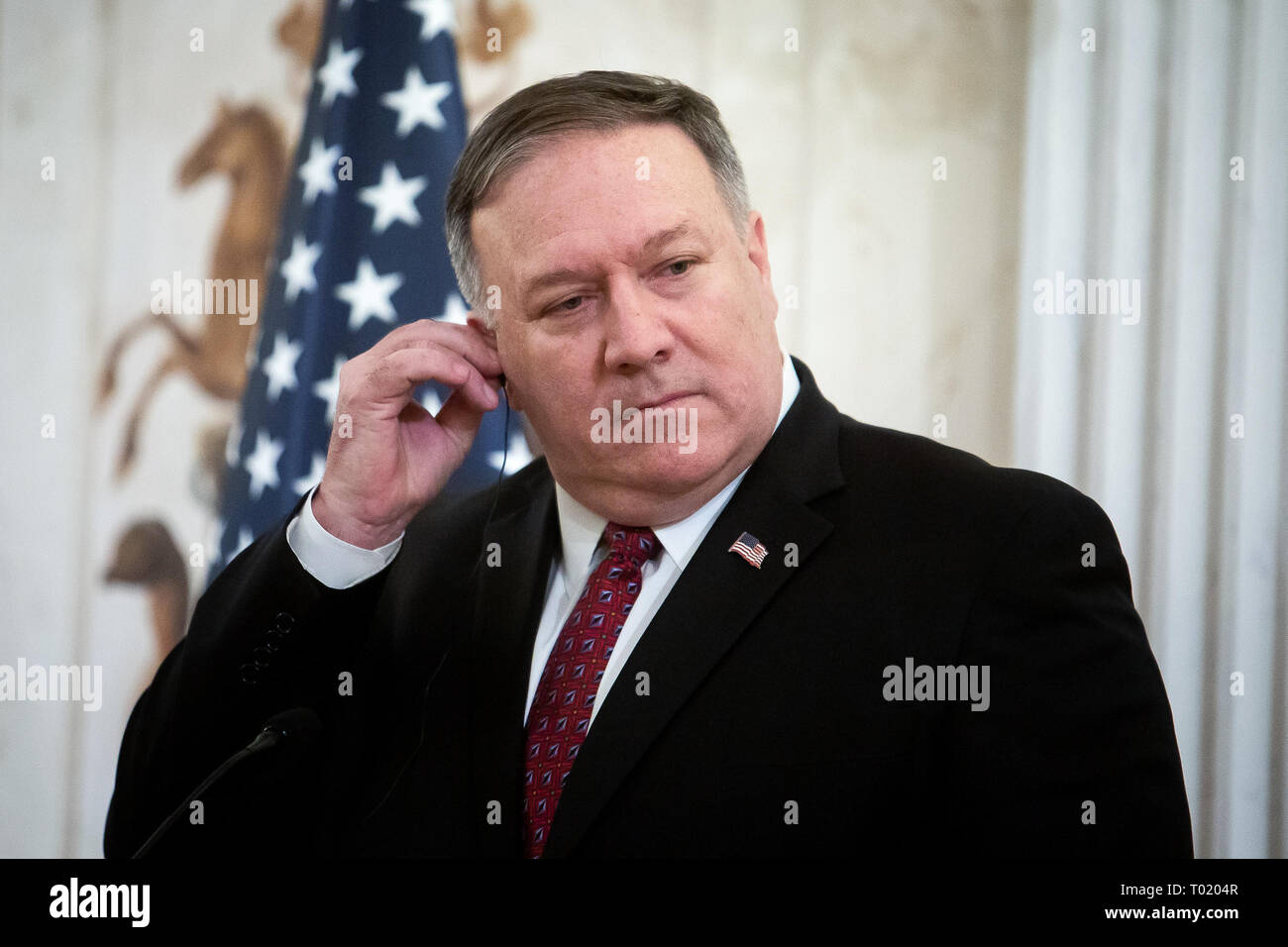 US Secretary of State Mike Pompeo during a joint press conference at the Lazienki Park in Warsaw, Poland on 12 February 2019 Stock Photo